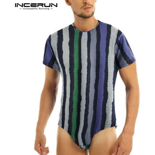 Men Striped Bodysuit T Shirts INCERUN Leisure Colorful Streak Rompers Tee Tops Man Shorts Sleeve Round Neck Loose Camisetas 5XL