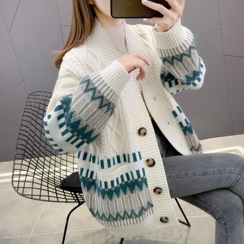 Autumn 2021 new color-blocking twist sweater cardigan women lazy knit sweater western style