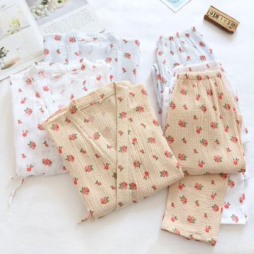 Spring summer new kimono two-piece ladies pajamas three-quarter sleeve trousers with casual floral loungewear home service set