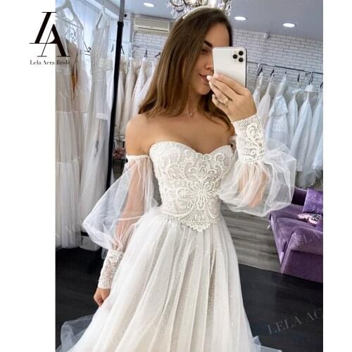 Beach Lace Wedding Dresses 2021 New Appliques Puff Sleeve A-Line Bridal Gown Princess Vestido De Novia LelaAcra LI28 Party Dress
