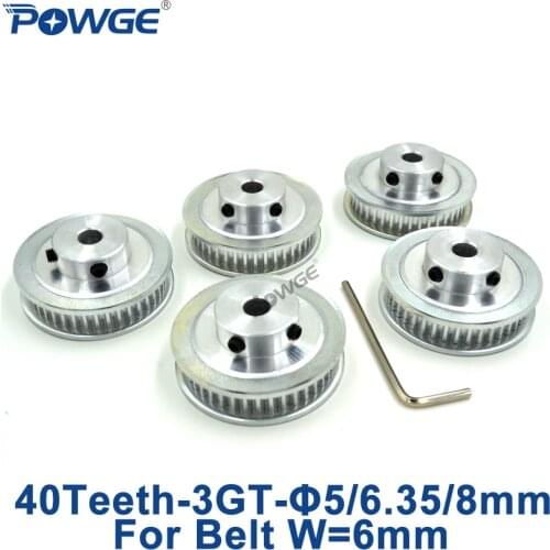 POWGE 5pcs 40 Teeth 3GT Synchronous Pulley Bore 5mm 6.35mm 8mm for width 6mm 3GT Open Timing Belt GT3 3MGT Pulley 40Teeth 40T