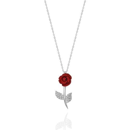 Bess Silver 925 Sterling Silver Red Rose with Leaf Pendant