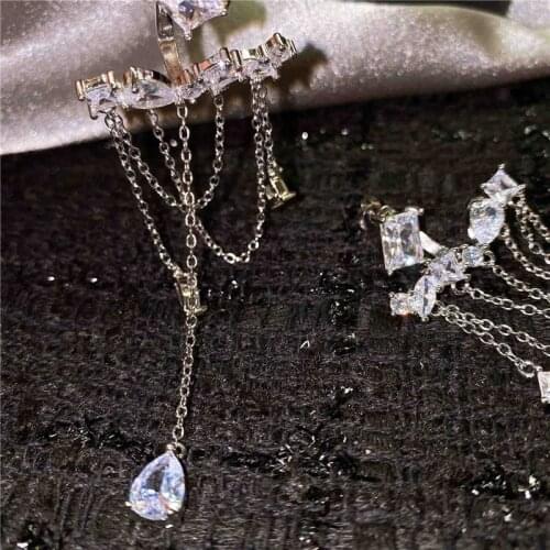 Luxury Crystal Dangle Earrings Female Silver Color Long Chain Tassel Earrings White Zircon Water Drop Earrings For Women Wedding