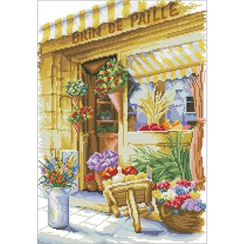 Wheelbarrow in front of flower shop Counted Cross Stitch 11CT 14CT 18CT DIY Chinese Cross Stitch Kits Embroidery Needlework Sets