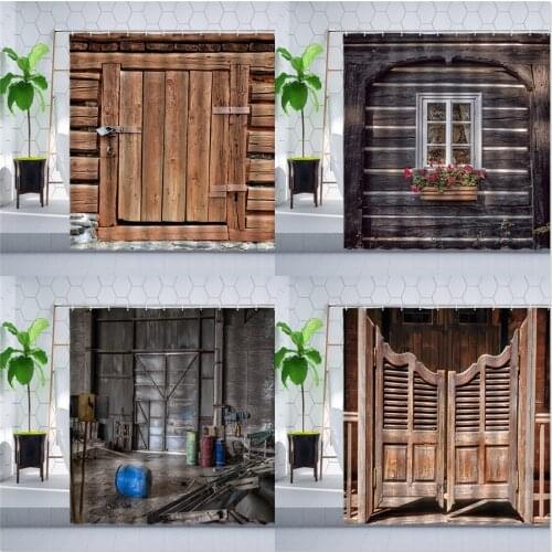Vintage Wooden Doors Windows Shower Curtain Flowers Shutters House Bathroom Screens Retro Farmhouse Decor Polyester Curtains Set