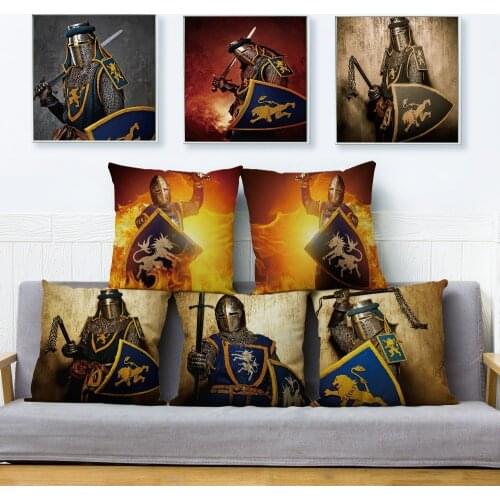 Vintage Medieval European Knights Pattern Linen Pillow Covers 45*45 Cushion Covers Sofa Pillow Case Home Decoration Pillowcases