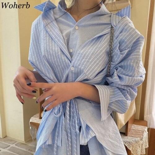 Woherb 2021 Girls Blouse Femme Chic Sweet New Striped Asymmetrical Blusas All Match Blouses Office Lady Casual Korean Tops
