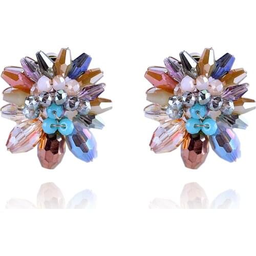 Trendy Crystal Stud Earrings for Women and Girls Handmade Beaded Round Flower Statement Earrings Jewelry Bijoux 4 Colors