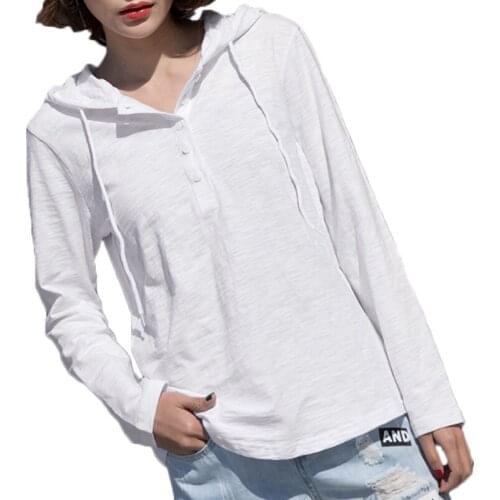 Loose Office Lady Women T-Shirts 2021 Summer Bamboo Cotton New V-Neck Hooded Solid Slim Sexy Casual Outwear Tops Harajuku Korean