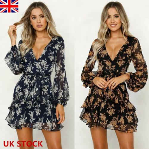 Womens Floral Long Sleeve Mini Swing Dress Ladies Evening Party Skater Dress