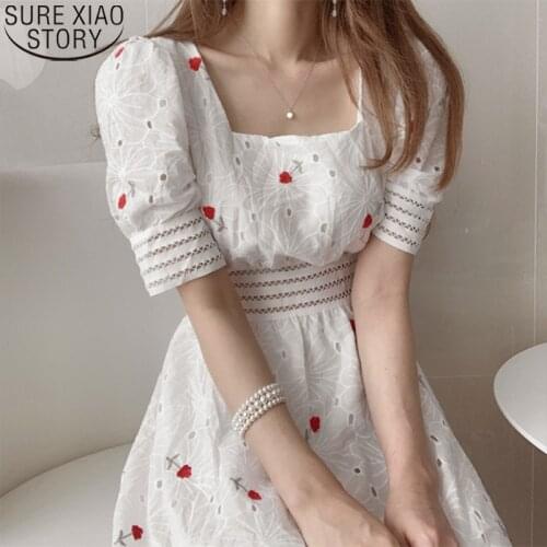2021 Short Sleeve Floral Embroidery Dress Korean Chic White Lace Prom Party Dress Women Hollow Out Summer Dresses Vestidos 14394