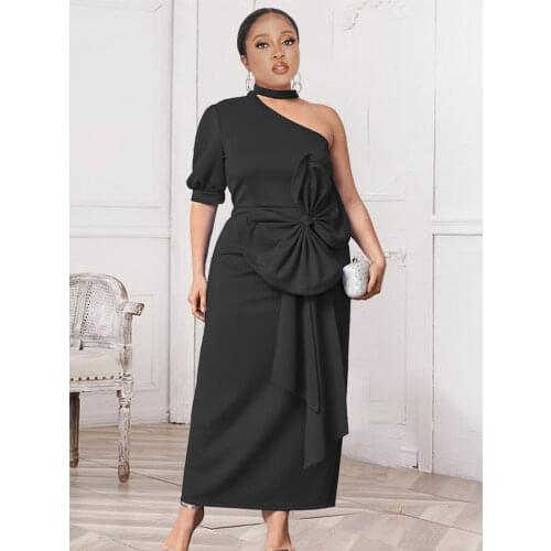 One Shoulder Sexy Dresses Big Size 4XL Short Sleeve Midi Length Bodycon Women Eveing Birthday Party Robes with Bowtie 2021 New