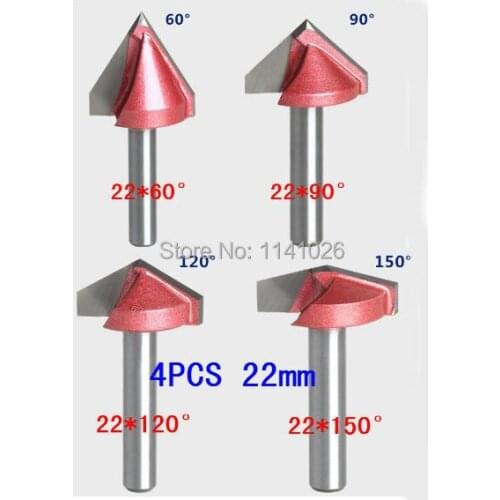 4PCS(60/ 90/ 120/ 150 Degree) Shank-6mm Width-22mm,CNC Engraving 3D V Groove Router Bit Woodworking Cutter Tool Sets
