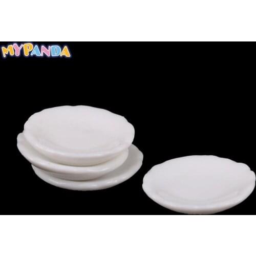 4pcs 1:12 White Ceramics Round Dishes Plate Dollhouse Miniature Doll House Kitchen Furniture Toys for Children Kids Gift