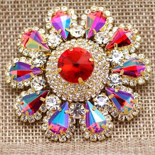 55mm Red Round Flower Shape sew on rhinestone with golden claw Shine Rhinestone Buttons for Party Dress decoration Shoes bags
