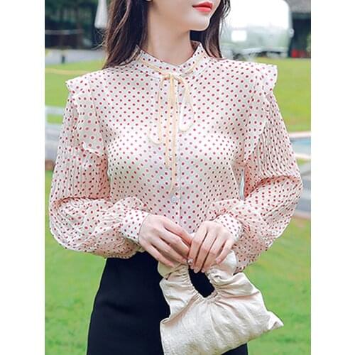 Blusas Mujer De Moda 2021 Long Sleeve Dot Chiffon Blouse Shirt Women Blouses Shirts Stand Collar Blouse Top Female Blusa D508