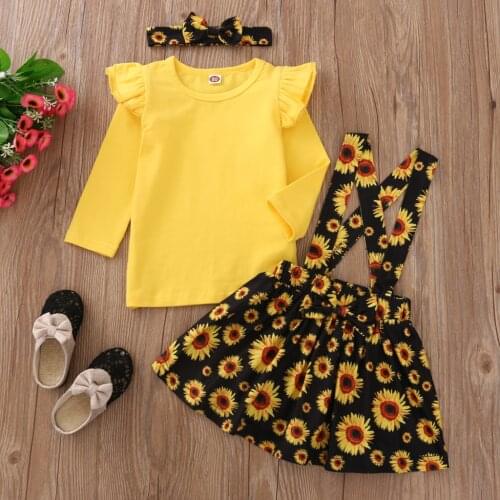 Children Kid Girls Outfit Solid Sleeve O Neck Top Floral Print Skirt Headband Toddler Infant Baby Girl Autumn Spring Set 1-6Y