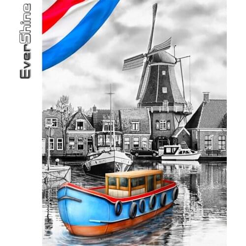 Evershine Diamond Painting Boat Full Square Drill Diamond Embroidery Landscape Cross Stitch Black And White Mosaic Crafts Kit