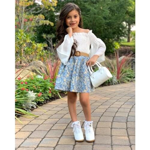 Stylish Girls 2Pcs Summer Clothes Set, Solid Color Flared Sleeve Ruffled Boat Neck Tops with Flower Printed Skirt 1-6Years