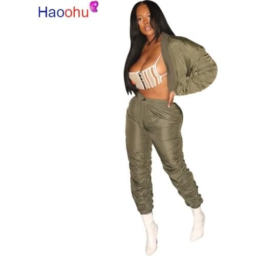HAOOHU Stacked Tracksuit 2pcs Women Set Cardigan Crop Top Sweatshirt+Jogger Pants Two Pieces Sets Women Clothing Suits Female