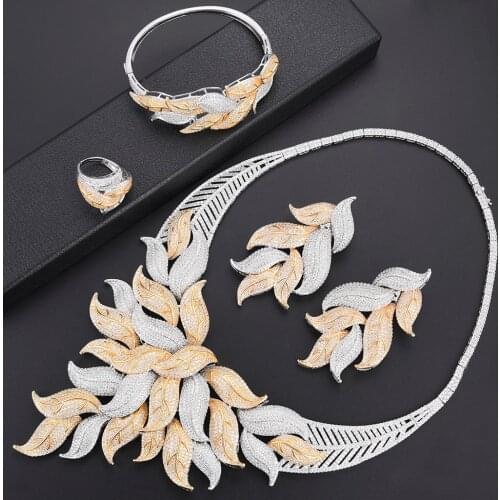 LARRAURI Trendy Cubic Zirconia Leaves Statement Gorgeous Jewelry Sets for Women Dubai Bridal Wedding Engagement Jewelry Sets