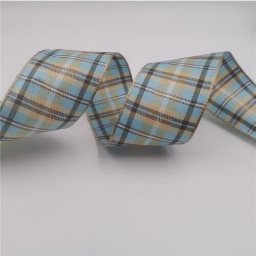 38MM 25yards Buffalo Plaid Wired Edge Blue and Beige Plaid Ribbon for Festival Christmas Decoration New Year Gift Wrapping