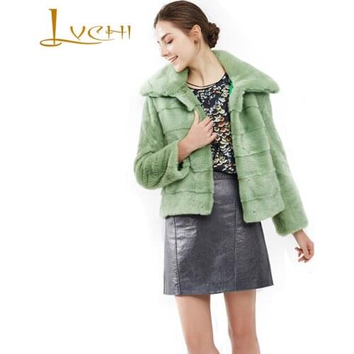 LVCHI Winter 2019 Imported Swan Velvet Mink Womens Natural Real Fur Coat Turn-Down Collar Slim Green Short Slim Mink Fur Coats