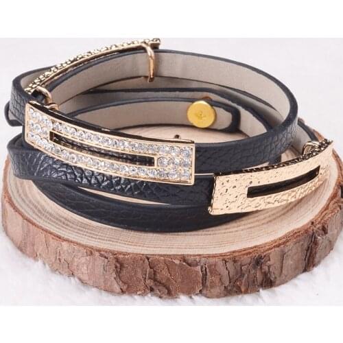 Miasol Micro Pave CZ Disco Rectangle Crystal Slide Charm PU Leather Wrapped Double Wrap Bracelet For Party Wedding Jewelry Gift