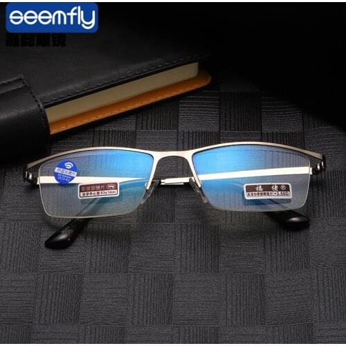Seemfly Half Frame Men Metal Reading Glasses Blue Light Blocking Business Goggle Far Sighted Diopter Eyewear Presbyopic +1.5 2.5