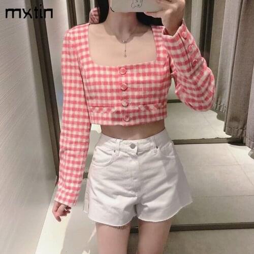 MXTIN 2021 Women Spring Vintage Plaid Single Breasted Cropped Jacket Coat Fashion Square Collar Long Sleeve Casual Chic Tops