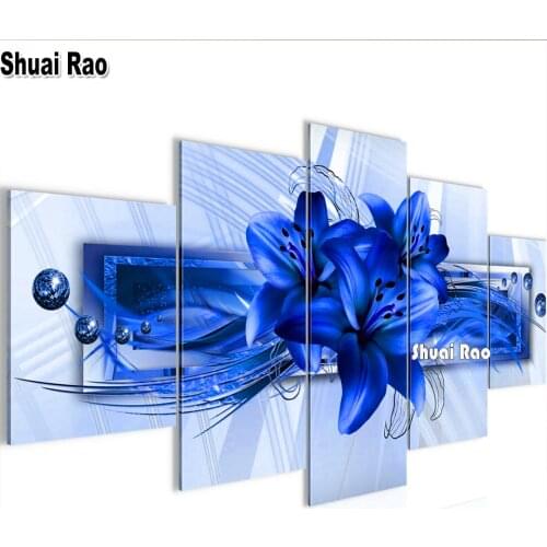 5 Piece diamond painting Blue Lily 5d diy handmade embroidery full square round drill Natural Scenery decor art,Multi panel
