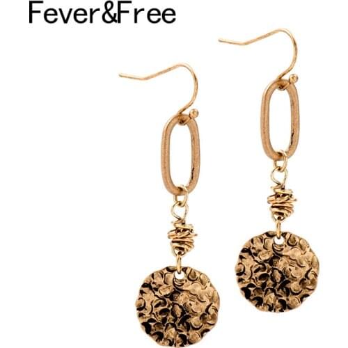 Fever&Free New Small Vintage Geometric Round Coin Dangle Earrings For Women Antique Gold Long Drop Earrings Femme Jewelry