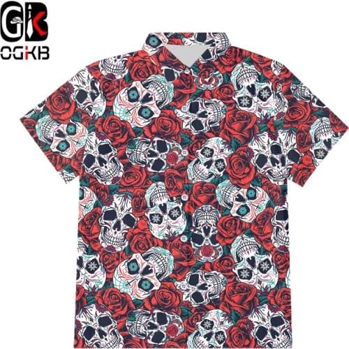 OGKB EU Size 3D Printed Skull Flower Button Shirt Cool Mens Short Sleeve Shirt Unisex Summer Hiphop Streetwear Plus Size Shirts