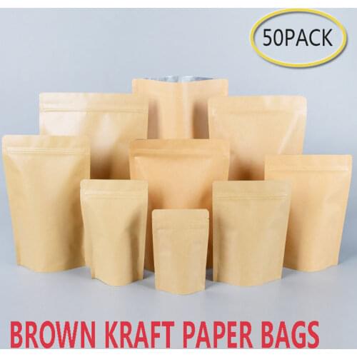 50Pcs Brown Kraft Paper Bags Stand-Up Heat Sealable Reseal able Zip Pouch Food Coffee Storage Packaging Bags Baking Addict