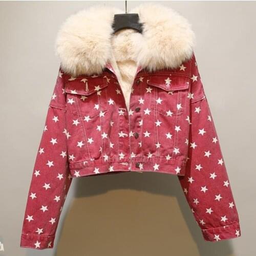Retro five-pointed star printing short fur coat women 2021 winter Korean OL style real fox big fur collar denim Parkas jacket