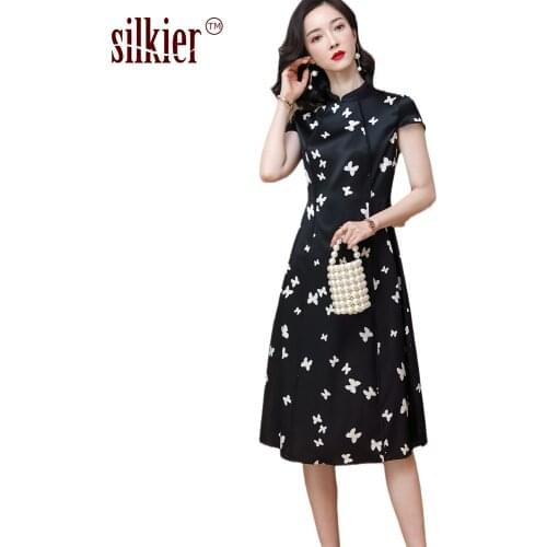 [Silkier] Slim Fitting Silk Floral Printing Short Sleeve Slit Women Dresses Chinese Cheongsam ChiPao Dress 2021 Summer Fashion