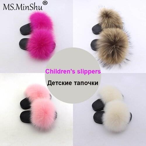MS.MinShu Childrens Slipper Fox Fur Home Slippers for Kid Luxury Fox Fur Shoes Fluffy Soft Fur Slipper Furry Flat sandals