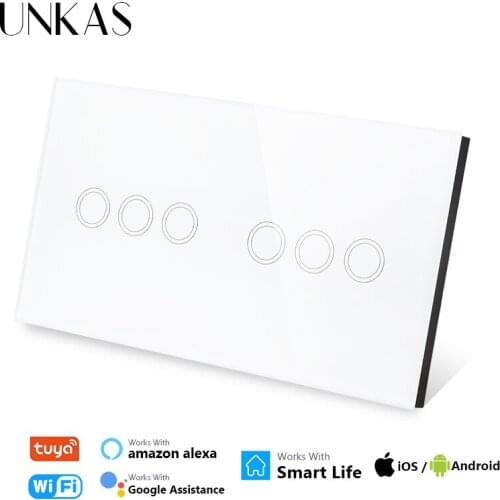 UNKAS 6 Gang Wifi EU Standard Touch On / Off Smart Switch Crystal Glass 157mm Panel Home Improvement Work Tuya Alexa / Google