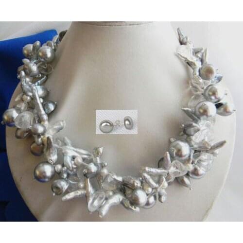 2Strands Shell Pearl Gray Baroque Freshwater Pearl Crystal Necklace earring