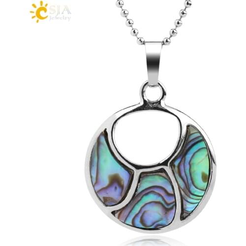 CSJA Natural Abalone Shell Round Pendant Half Moon Shape Geometric Splice Seashell Necklaces for Women Summer Charm Jewelry G228