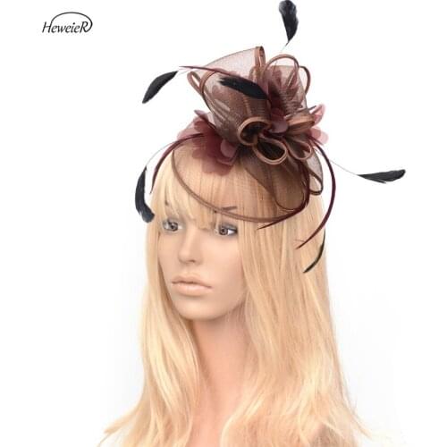 Brown Ladies Accessories Women Feather Mesh Fascinator Hats Ascot Cocktail Party Hair Clip Headdress Headband Hoop Headwear