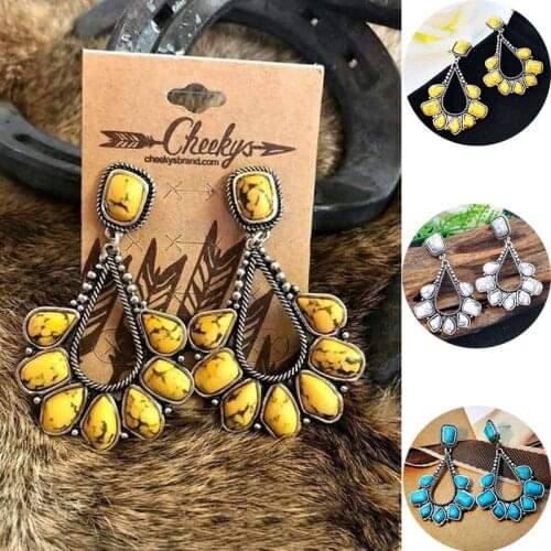Pendientes bohemios turquesas para mujer, piedra Natural, Amarillo, Azul, Blanco, Vintage, gota de agua de Metal hueco