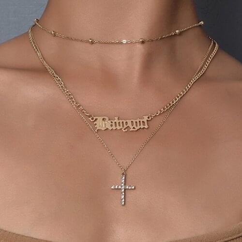 3 Pcs/Set Punk Women Necklaces Bohemian Fashion Gold Color Beaded Chain Letter Crystal Cross Pendant Necklace Set Jewelry Gifts