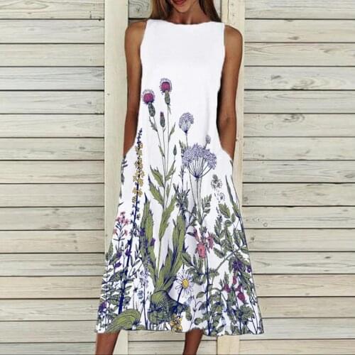 Women Summer Flora Printed Dresses Sleeveless Beach Holiday Dress Round Neck Big Swing Pocket Maxi Dress Tank Dress Женщин
