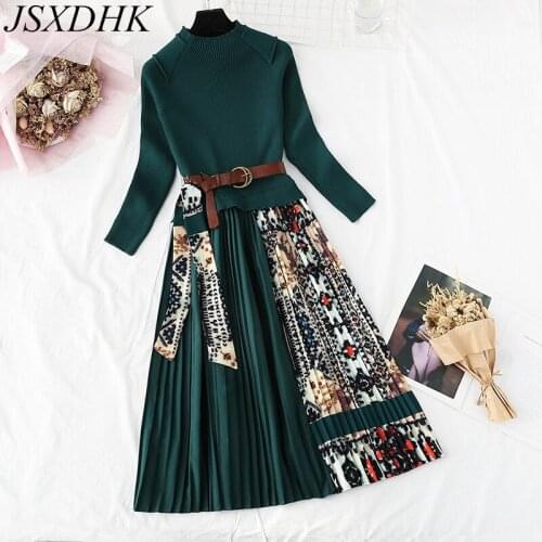 JSXDHK 2021 New Autumn Knitted Patchwork Printed Sweater Dress Elegant Women O Neck Ladies Retro Pleated Dress Vestido With Belt