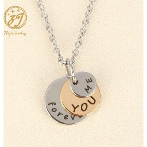 Zhijia Stainless Steel Letter Me you forever Round Pendant Necklace for Women Men Long Chain Coin Necklace Rose Sliver Necklace