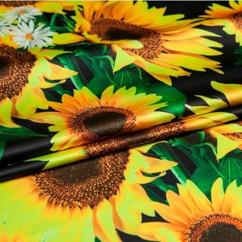 Yellow Sunflower Printed Faux Silk Satin Fabric,Black Heavy Chiffon,Smooth,Drape,Sewing,Dress,shirt,Home Decor,Craft By The Yard