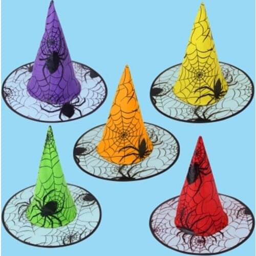 Halloween Shiny Witch Hat For Women Men Adult Teenager Wicked Spiders Printed Lace Brim Cosplay Costume Carnival Party Decor