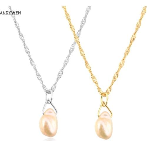 ANDYWEN 925 Sterling Silver 2021 Gold Pearl Irregular Pendant Long Chain Luxury Women Fine Jewelry For Wedding Party