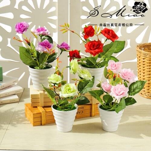 Home Decoration Color Simulation Small Slik Rose Bonsai Potted Artificial Ornament Plant Including Flowerpot